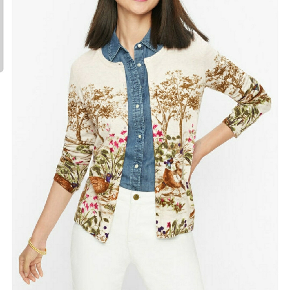Talbots Pheasant Scene Cardigan Size Large